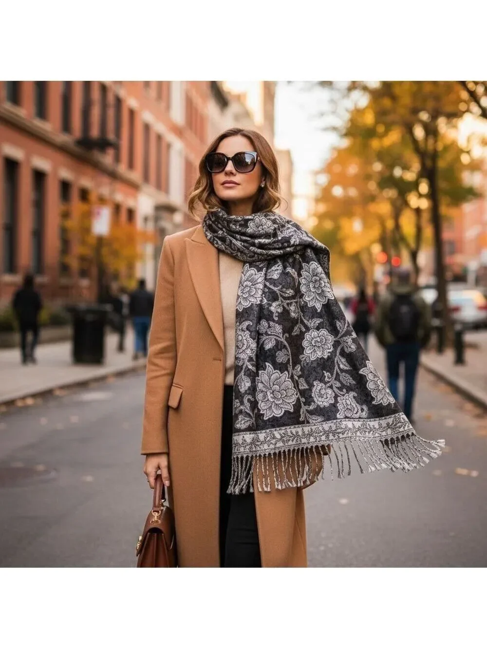 Black White Paisley Jacquard Scarf Shawl Fringe Boho Wrap Women 72x28